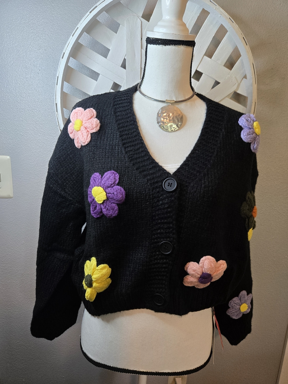 Cider Black Floral Appliqué V-Neck Cardigan Sweater NEW With Tags